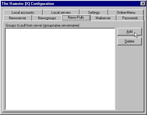 Menü: File / Configuration / News-Pulls - Add - Liste der angebotenen Newsgruppen holen