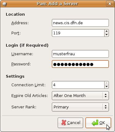 Angaben zum Newsserver eintragen