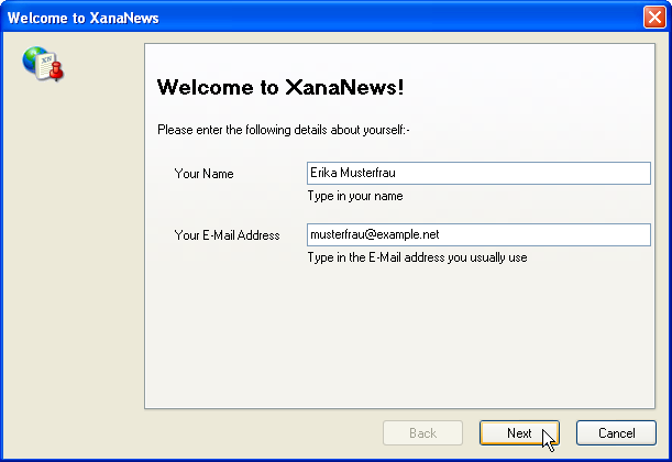 Welcome to XanaNews - Eingabe Name und E-Mail-Adresse
